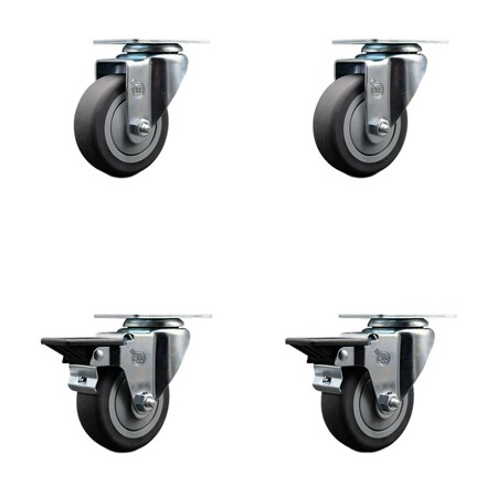 Service Caster 3.5'' Thermo Rubber Wheel Swivel Top Plate Caster Set with 2 Posi Brakes, 4PK SCC-20S3514-TPRB-2-PLB-2